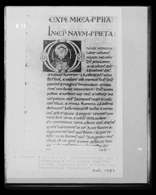 Ms. 1, Goderannus-Bibel, fol. 269, Initiale O, Prophet mit Schriftband