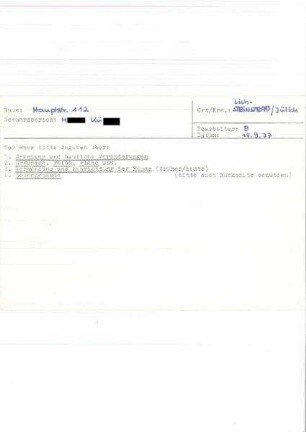 Karteikarte mit Grundriss und Details zur Nutzung