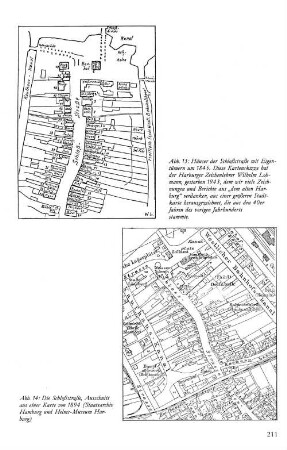 Abb. 13: Häuser der Schloßstraße mit Eigentümern um 1845. ... Abb. 14: Die Schloßstraße, Ausschnitt aus einer Karte von 1894 (Staatsarchiv Hamburg und Helms-Museum Harburg)