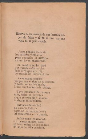 Historia de un enamorado que buscaba mujer sin faltas y al fin se casó con una vieja de la peor especie