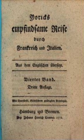 Yoricks empfindsame Reise durch Frankreich und Italien : Aus dem Englischen übersetzt, Vierter Band