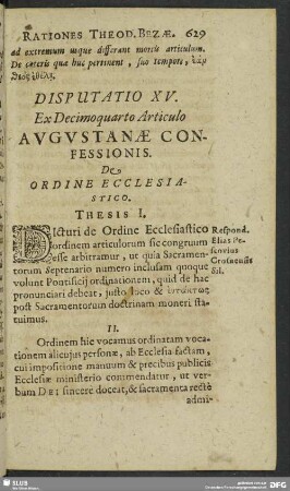 Disputatio XV. Ex Decimoquarto Articulo Augustanae Confessionis. De Ordine Ecclesiastico