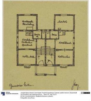 Darmstadt, Projekt Doppelhaus Cabinet, zweite Version, Skizzenblatt mit Grundriss des Kellergeschosses
