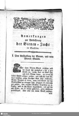 I. Von Anschaffuung der Bienen, und vom Bienen-Stande