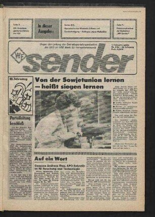 Betriebszeitung 'WF-Sender', Nr.3/1985 (1. Februarausgabe 1985)