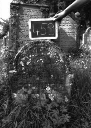 Grabstein 459 (Index: 100102706) Material: Sandstein Zustand: stark verwittert, eingesunken, weitgehender Textverlust Maße HxBxT: 76x58x7 cm Beschreibung: Stele, eingezogener Rundbogenabschluss, Schriftfeld eingetieft: Grabstein 459