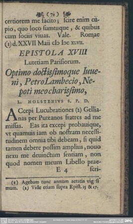 Epistola XVIII Lutetiam Parisiorum. Optimo doctissimoque Iuveni, Petro Lambecio, Nepoti meo charissimo, L. Holstenius S. P. D.