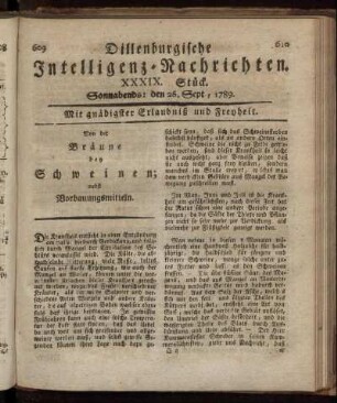 XXXIX. Stück. Sonnabends: den 26. Sept., 1789.