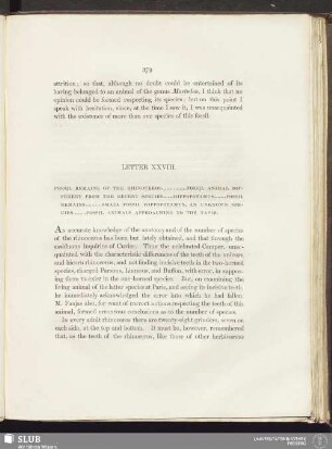 Letter XXVIII. Fossil remains of the rhinoceros ... Fossil animal different from the recent species ... Hippopotamus ... Fossil remains ... Small fossil Hippopotamus, an unknown species ... Fossil animals approaching to the tapir