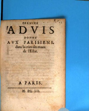 Dernier advis donné aux Parisiens dans la crise des maux de l'estat