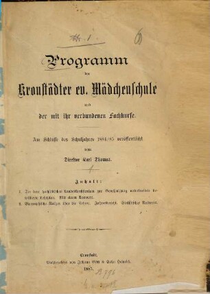 Programm der Kronstädter Evangelischen Mädchenschule. 1. 1884/85 (1885)