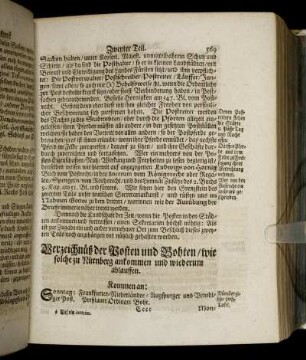 Verzeichnüß der Posten und Bohten, wie solche zu Nürnberg ankommen und wiederum ablauffen.