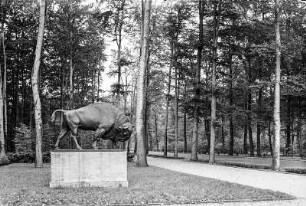 Hannover-Eilenried, Stadtwald. Partie an der Bernadotte-Allee nordwestlich des Zoologischen Gartens mit Skulptur eines Wisent (1935; A. Waterbeck)