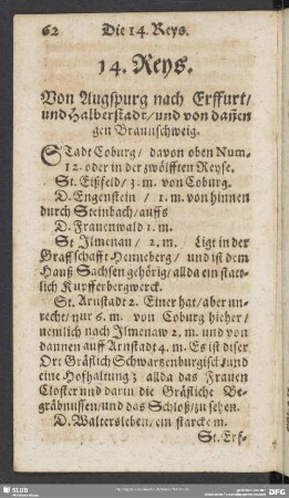 14. Reys. Von Augspurg nach Erffurt, und Halberstadt, und von dan[n]en gen Braunschweig