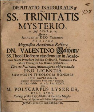 Disp. inaug. de ss. trinitatis mysterio ...