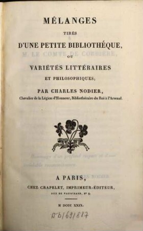 Mélanges tirés d'une petite Bibliotheque : ou variétés littéraires et philosophiques