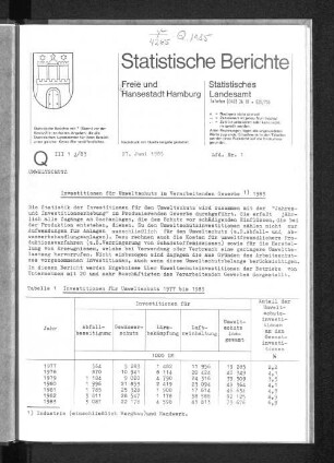 Investitionen für Umweltschutz im Verarbeitenden Gewerbe 1983 : Lfd. Nr. 1