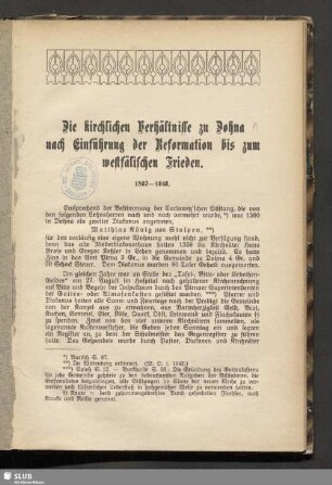 Die kirchlichen Verhältnisse zu Dohna nach Einführung der Reformation bis zum westfälischen Frieden. 1562-1648