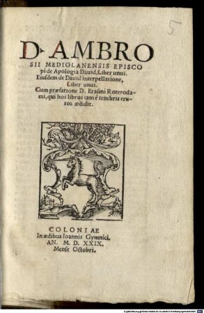 D. Ambrosii Mediolanensis Episcopi Apologia David : Liber unus