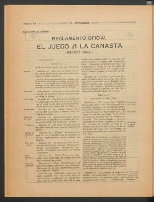 El juego a la canasta (basket ball) - (Continuación) : Reglamento oficial. Sección de sport