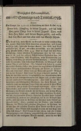 Vierzigstes Erbauungsblatt, am 16ten Sonntage nach Trinitat. 1793.