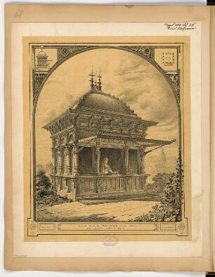 Trinkhalle vor der Alten Nationalgalerie, Berlin Monatskonkurrenz April 1882 (2. Wettbewerb): Perspektivische Ansicht. Kleine Grundriss- und Ansichtsskizzen