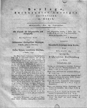1802-09-29 : Beylage, Buchhändler Anzeigen enthaltend. 12. Stück.