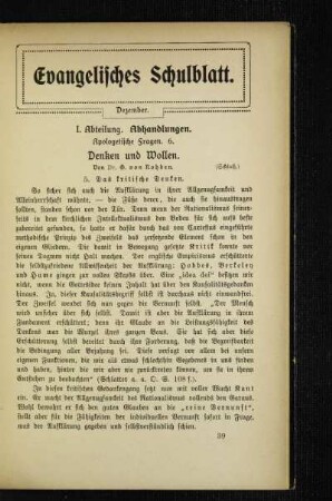 Apologetische Fragen : 6. Denken und Wollen ; (Schluß)
