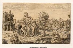 Caritas, mit drei Kindern in einer weiten Landschaft sitzend. Links Palastruinen. Rechts Götterdenkmal
