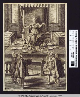 Symbolische Darstellung der Justitia in Gestalt einer Herrscherin, triumphierend über die Untugenden.