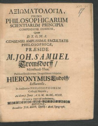 Axiōmatologia, Prima Philosophicarum Scientiarum Principia Compendiose Exhibens