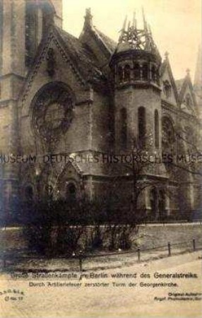 Zerstörter Turm der Georgenkirche während der Märzkämpfe 1919