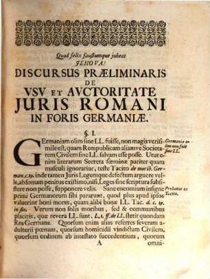 Samuelis Strykii, JC. Specimen Usus Moderni Pandectarum ... : In Academia Francofurtana Publicis Disputationibus Exhibitum, 1. Samuelis Strykii, JC. Specimen Usus Moderni Pandectarum, Ad Libros V. Priores
