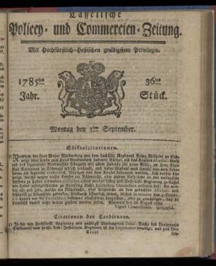 36tes Stueck, Montag den 5ten September. 1785