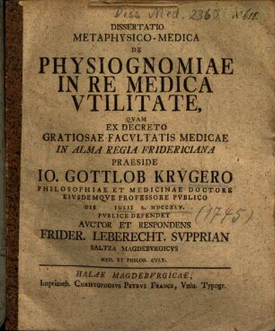 Dissertatio Metaphysico-Medica De Physiognomiae In Re Medica Vtilitate