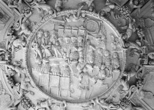 Bautzen, Ortenburg. Audienzsaal, Mittelfeld der Stuckdecke : Bautzen, Ortenburg. Audienzsaal, Stuckdecke (1662; zugeschrieben Giovanni Cometa (Cometta), Giovanni und Giulio Vanetti) Mittelfeld: Kurfürst Johann Georg I. von Sachsen zur Belehnung mit den Markgraftümern Ober- und Niederlausitz, links die Kaiser Ferdinand II., Ferdinand III. und Leopold I.
