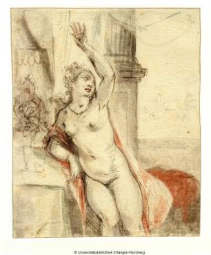 Lucretia, nackt, mit erhobener Linken vor einer Säule sitzend
