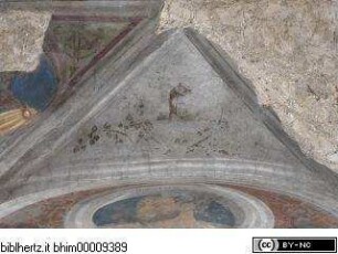 Persönlichkeiten aus der römischen Geschichte, Szenen aus dem Alltag und der antiken Mythologie, Zwei auf einem Fels sitzende Figuren, umrahmt von Laubwerk