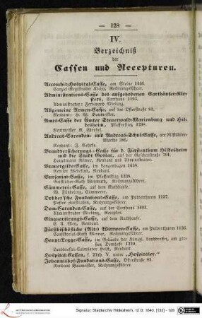 IV. Verzeichniß der Cassen und Recepturen.