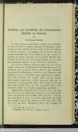 Nachtrag zur Geschichte des Franziskanerklosters zu Kamenz
