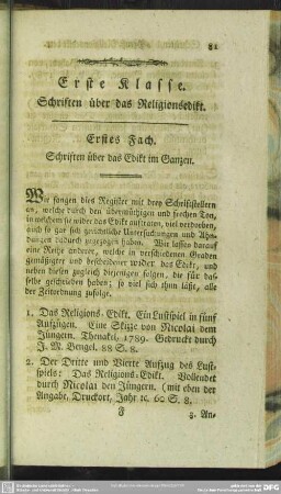 Erste Klasse. Schriften über das Religionsedikt
