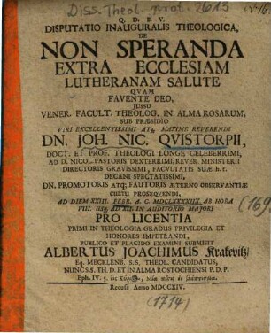 Disputatio Inauguralis Theologica, De Non Speranda Extra Ecclesiam Lutheranam Salute