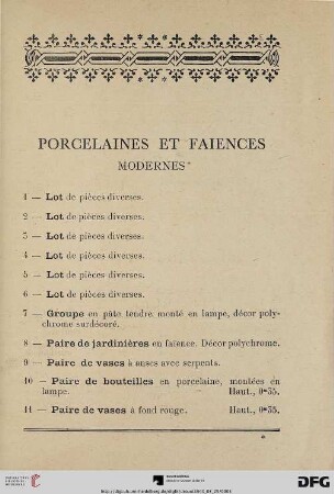 Porcelaines et faiences modernes (Nr. 1-18)