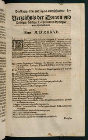 "Verzeichnis der Doctorn und Prediger [...] [,die die] Confession und Apologia unterschrieben haben"