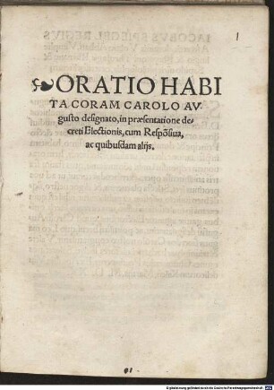 Oratio Habita Coram Carolo Avgusto designato, in praesentatione decreti Electionis