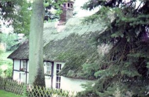 Seefeld 12: traufständige Fachwerkkate mit Reetdach: Straßenfront mit Eingangstür und Abseite