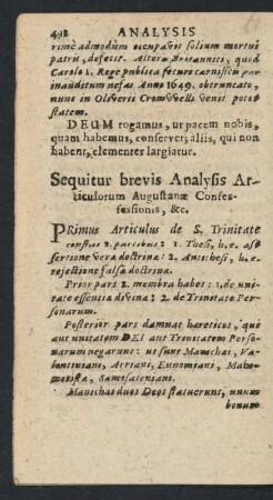 Sequitur brevis Analysis Articulorum Augustanae Confessionis, [et]c.