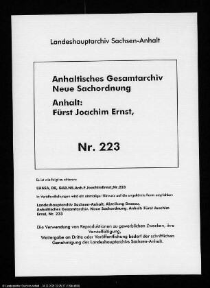 Joachim Ernst an Lamprecht, Adam, Zerbst
