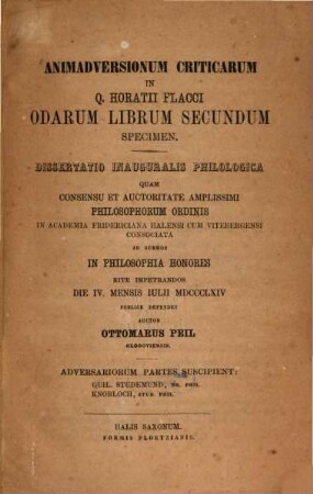 Animadversionum criticarum in Q. Horatii Flacci odarum librum secundum specimen