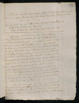 173r-195r, De la controverse entre Mrs. Leibnitz & Bernoulli sur les logarithmes des nombres negatifs et imaginaires